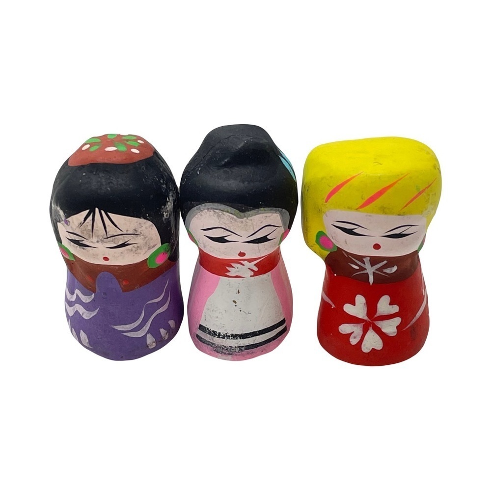 Vintage Hand Painted Kokeshi Style 1” Clay Mud Dolls Lot of 3